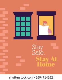 quarantined man leaning out of the building windows vector illustration design