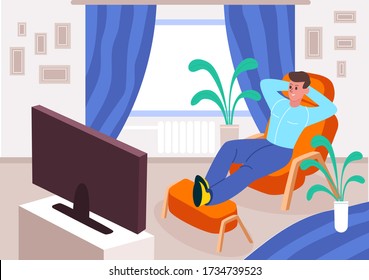 Quarantined man watches TV at home. Satisfied guy stays at home watching,  laying in comfortable chair opposite large window indoor green plants. Cartoon vector style.