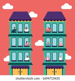 quarantined people leaning out of the building windows vector illustration design