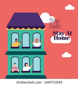 quarantined people leaning out of the building windows and lettering vector illustration design