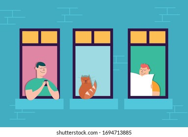 quarantined people leaning out of the building windows vector illustration design