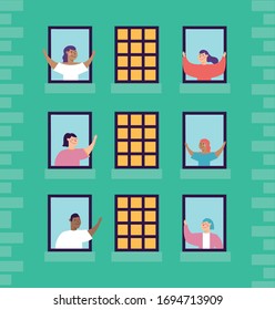 quarantined people leaning out of the building windows vector illustration design