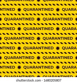 Quarantined Seamless vector pattern with striped ribbons. Coronavirus symbol. Yellow and black color background. Design surface warning texture with text.
