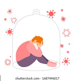 Quarantined woman sits alone under a hood and is sad. Isolation during the corona virus epidemic. Man is scared afraid to get infected. Vector illustration on the theme of coronavirus and quarantine.