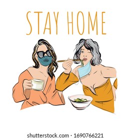 Quarantined women in medical mask drink coffee, eat noodles with chinese chopsticks. Stylish hand drawn fashionable girl in sunglasses. Stay home.