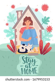 Quarantines girl at home with a cat. Vertical cartoon poster on the topic of pandemics. Covid-19 bacteria fly around the house. Vector illustration