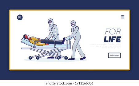 Quarantining Patients Concept. Website Landing Page. Doctors In Protective Coveralls Carrying On Medical Stretcher Sick Man Into Quarantine. Web Page Cartoon Linear Outline Flat Vector Illustration