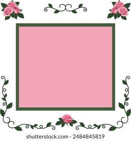 quare frame on pink background. curls with leaves and pink roses