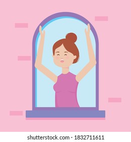 quarentine concept, happy woman singing in the window , colorful design, vector illustration