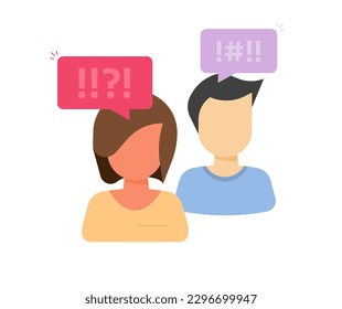 Quarrel argue couple man woman icon flat cartoon graphic illustration, angry girl boy person misunderstanding rude argument talk, people unhappy stress relationship clipart image modern 