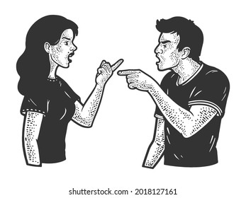 quarrel argument in couple man and woman sketch engraving vector illustration. T-shirt apparel print design. Scratch board imitation. Black and white hand drawn image.