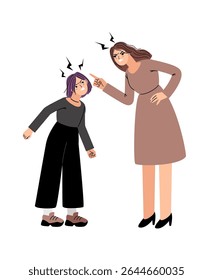 Quarrel between close people vector illustration. Mother and daughter sort things out, shout and get angry at each other original artwork
