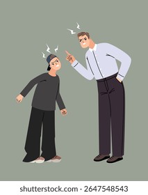 Quarrel between close people vector illustration. Father and son sort things out, shout and get angry to each other original artwork