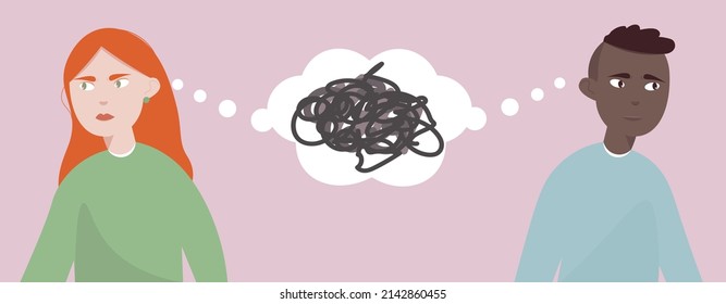 A quarrel between an international couple. A guy and his girlfriend had a fight and no one wants to make up first.Negative thoughts that spoil relationships. Flat vector illustration