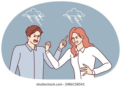 Quarrel between man and woman angrily screaming and pointing fingers towards interlocutor. Two colleagues during quarrel related to problems at work or conflict in their personal lives