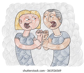 Quarrel between man and woman conceptual hand-drawn stripy illustration.  Dispute metaphor, fight between husband and wife.