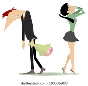 Quarrel between man and woman isolated on white illustration. Upset men with bouquet of flowers and hanging head is rejected by his frustration or crying woman who puts hands on the face vector
