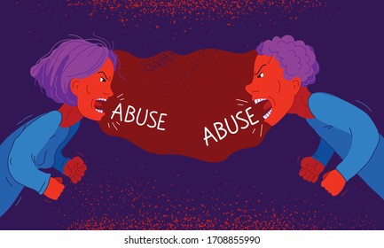 Quarrel between parents make child suffer, little scared boy sun is a victim because of his father and mother aggressively arguing, vector illustration, domestic violence and abuse.