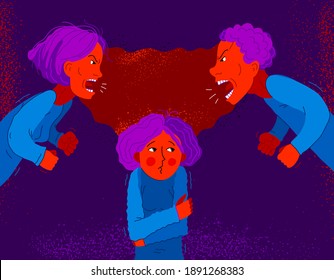 Quarrel between parents make child suffer, little scared girl daughter is a victim because of her father and mother aggressively arguing, vector illustration, domestic violence and abuse.