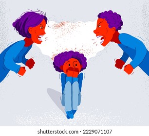 Quarrel between parents make child suffer, little scared boy sun is a victim because of his father and mother aggressively arguing, vector illustration, domestic violence and abuse.