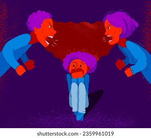 Quarrel between parents make child suffer, little scared boy sun is a victim because of his father and mother aggressively arguing, vector illustration, domestic violence and abuse.