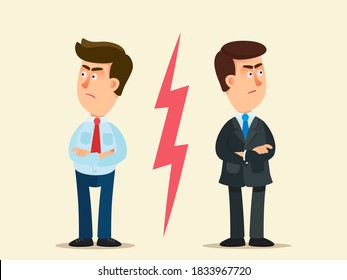 A quarrel between two friends. Disagreement and conflict between business partners. Two friends had a falling out. Vector illustration, flat design, cartoon style, isolated background.