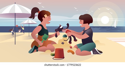 Travesía entre dos chicas en el arenero. Escenas de vida en la playa de mar. Ilustración vectorial de diseño plano.