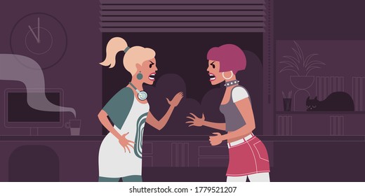 Una disputa entre dos hermanas. Escena de la vida de la gente. Ilustración vectorial de diseño plano.