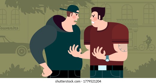 Quarrel between two young guys. City street scene. Flat design vector illustration