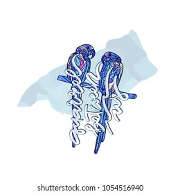Quarrel between us. Parrots on the branch and hand drawn lettering. Vector illustration.