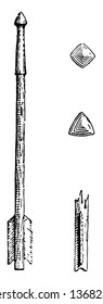 Quarrel is a bolt or arrow having a square or four edged head especially a crossbow bolt, vintage line drawing or engraving illustration.