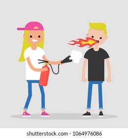 Quarrel conceptual illustration. Two arguing characters. Flames and fire extinguisher. Flat editable vector illustration, clip art