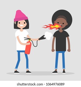 Quarrel conceptual illustration. Two arguing characters. Flames and fire extinguisher. Flat editable vector illustration, clip art