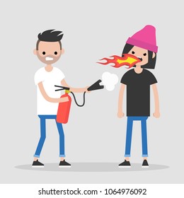 Quarrel conceptual illustration. Two arguing characters. Flames and fire extinguisher. Flat editable vector illustration, clip art
