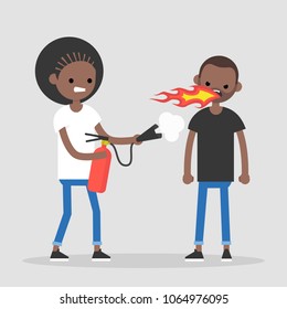 Quarrel conceptual illustration. Two arguing characters. Flames and fire extinguisher. Flat editable vector illustration, clip art