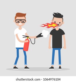 Quarrel conceptual illustration. Two arguing characters. Flames and fire extinguisher. Flat editable vector illustration, clip art