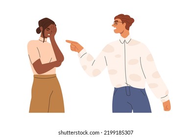 Quarrel, conflict in couple. Angry man blaming, shouting at upset woman. Fight, disagreement between two people in bad relationships. Flat graphic vector illustration isolated on white background