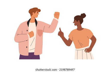 Quarrel, conflicto de pareja familiar. Una esposa furiosa y un marido en mala relación. Lucha, discusión entre hombre agresivo y mujer. Ilustración vectorial gráfica plana aislada en fondo blanco