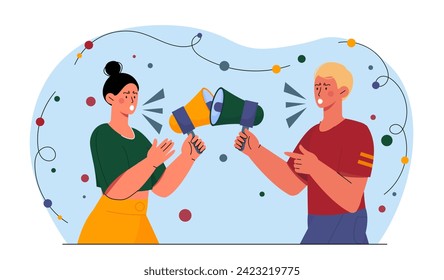 Quarrel couple concept. Man and woman with loudspeaker. Problems in relations between family members. Young guy and girl screaming at each other. Cartoon flat vector illustration