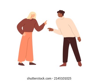 Quarrel in couple. Conflict between woman and man. People opponents at dispute, fighting and arguing. Disagreement, misunderstanding concept. Flat vector illustration isolated on white background.