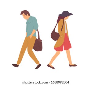 Quarrel couple, man and woman going in different directions isolated cartoon people. Vector disagreement between boyfriend and girlfriend, misunderstanding