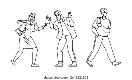 quarrel couple street conflict vector. confrontation disagreement, tension clash, altercation feud quarrel couple street conflict character. people black line pencil drawing illustration