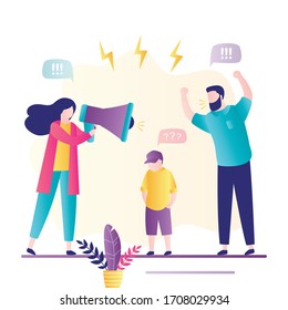 Quarrel In Family. Сartoon Angry Parents Swearing Child. Mom And Dad Scream At An Unfortunate Teenager Boy. Dispute Man And Woman. Toxic Relationships Between People, Obese. Flat Vector Illustration 