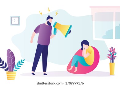 Quarrel in family. Dispute man and woman. Husband screams at his wife, woman cries. Toxic relationships between people, abuse concept. People characters in trendy style. Flat vector illustration 