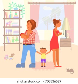 Quarrel in the family, mom and dad scold a son on room interior background. Vector illustration. 