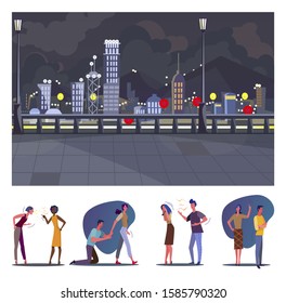 Quarrel flat vector illustration set. Couples shouting at each other, arguing, splitting up. Conflict, toxic relationships concept