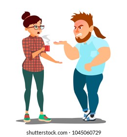 Quarrel Man And Woman Vector. Office Workers Characters Conflict. Disagreements. Negative Emotions. Quarreling People. Angry People. Shouting. Dispute. Cartoon Illustration
