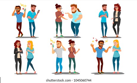 Quarrel People Set Vector. Concept Office Workers, Wife Husband Relationship Characters. Conflict. Disagreements. Negative Emotions. Quarreling People. Angry Colleagues. Shouting. Cartoon Illustration