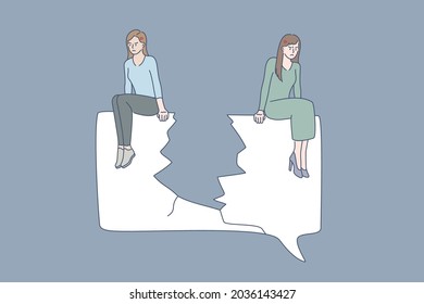 Quarrel, problems in communication concept. Two women friends sitting on different edges of torn paper feeling sad of misunderstanding and quarrelling with each other vector illustration 