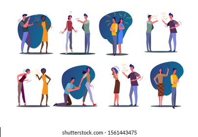 Quarrel relationship set. Couple and friends arguing and shouting at each other. Flat vector illustrations. Communication, stress, conflict concept for banner, website design or landing web page
